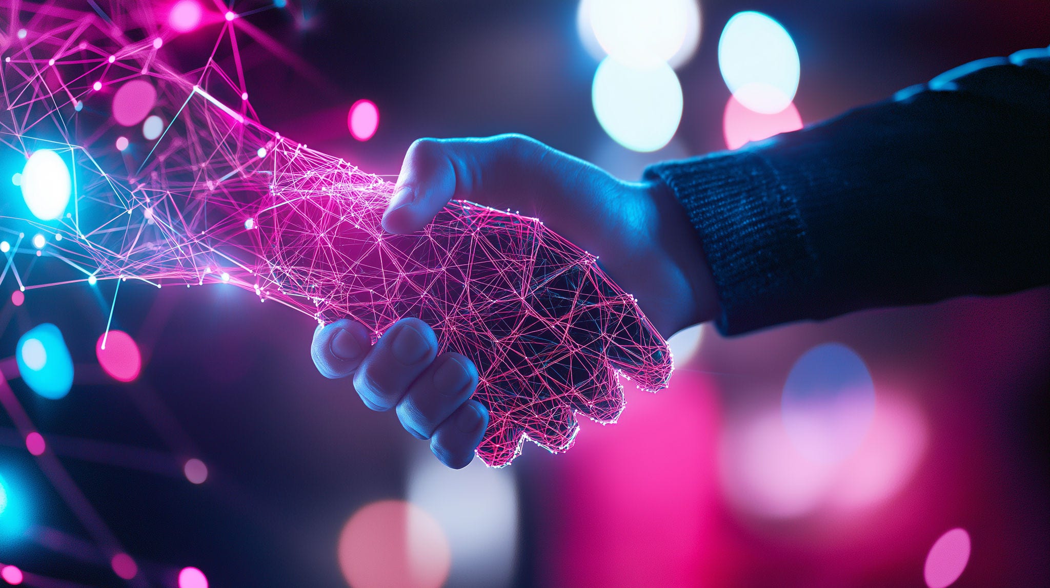 Close-up of a handshake between a human hand and a digital hand made of neon particles, symbolizing human-technology collaboration.