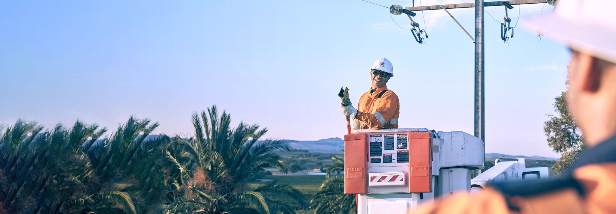 Electricity linesman working with colleague