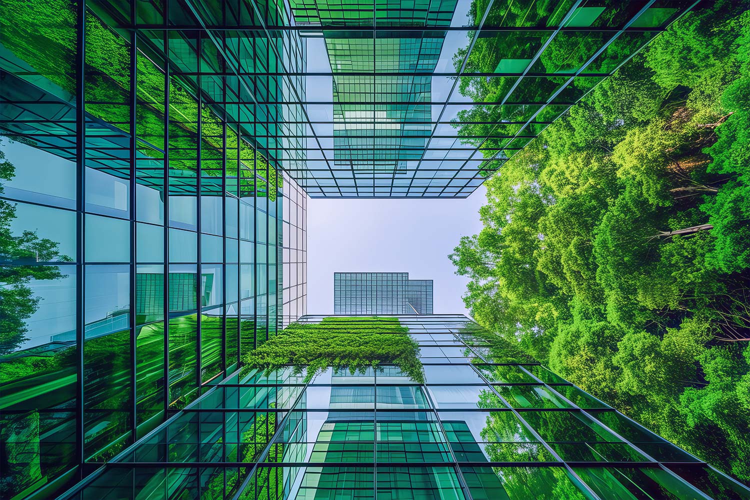 Looking up at a glass building with trees
