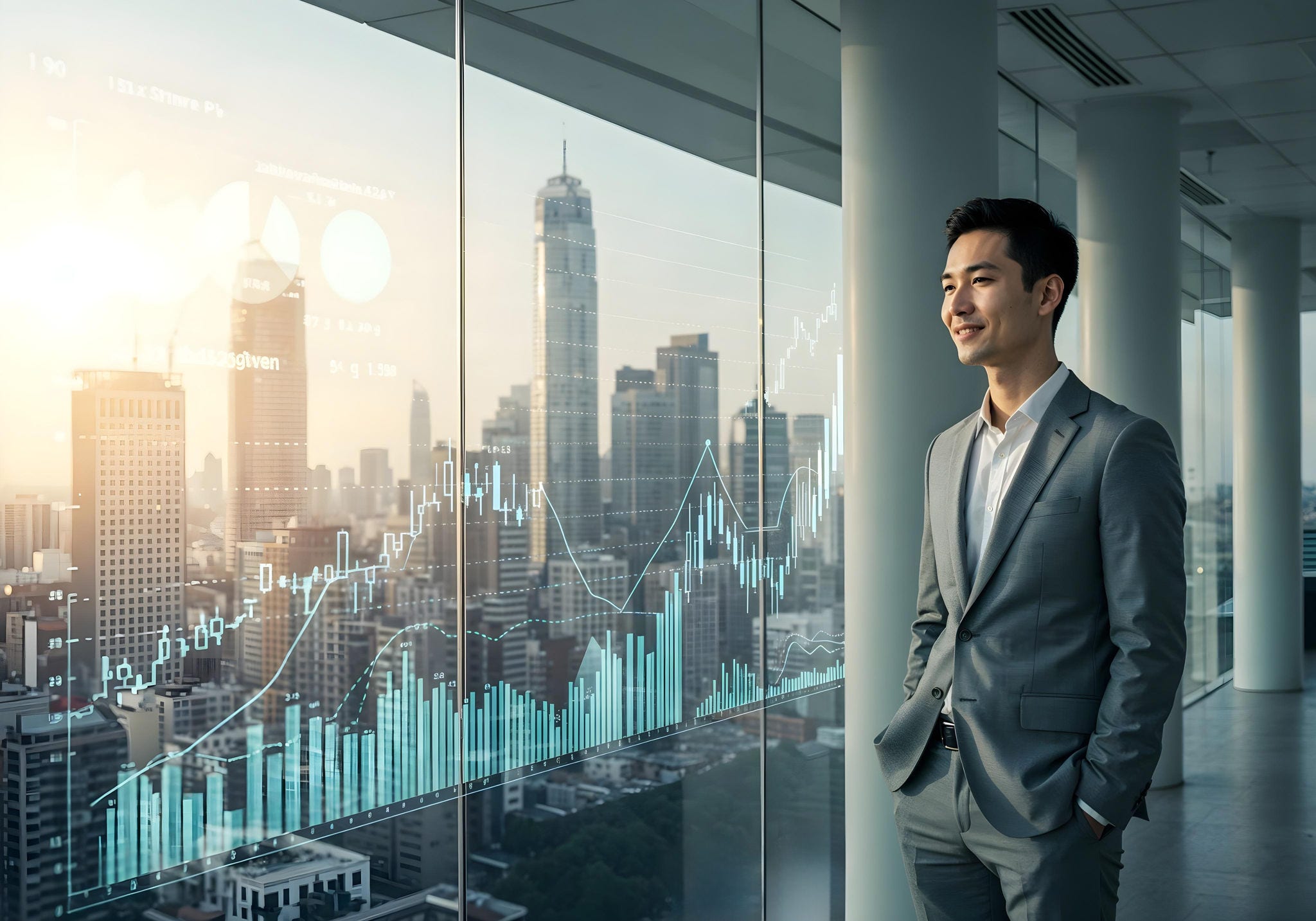 Successful businessman overlooking city