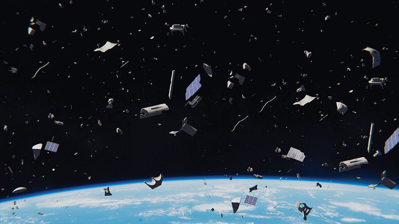Japanese alt text: 宇宙に広がる宇宙デブリ