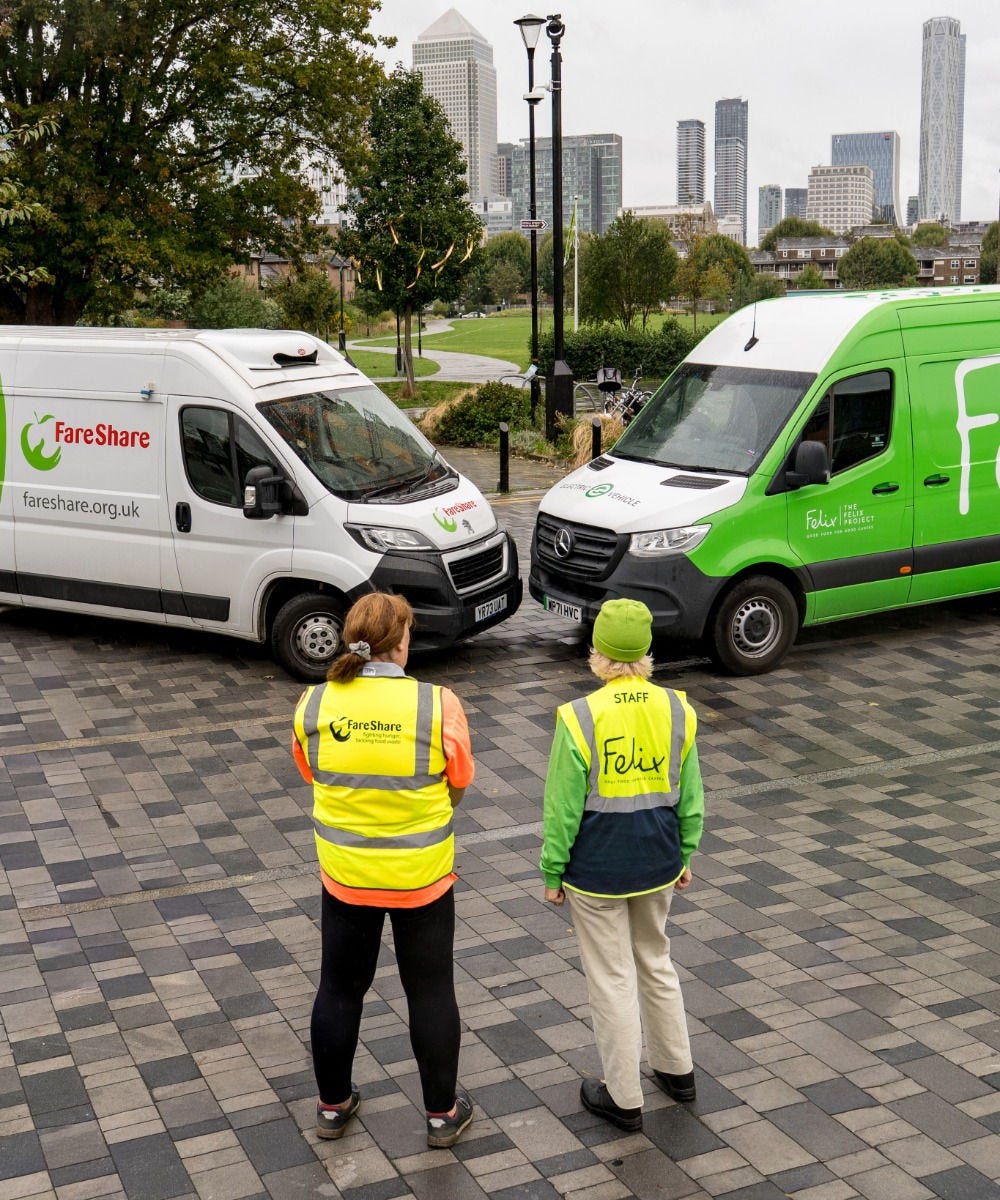 Two people in high visibility workwear looking at FareShare and Felix vans