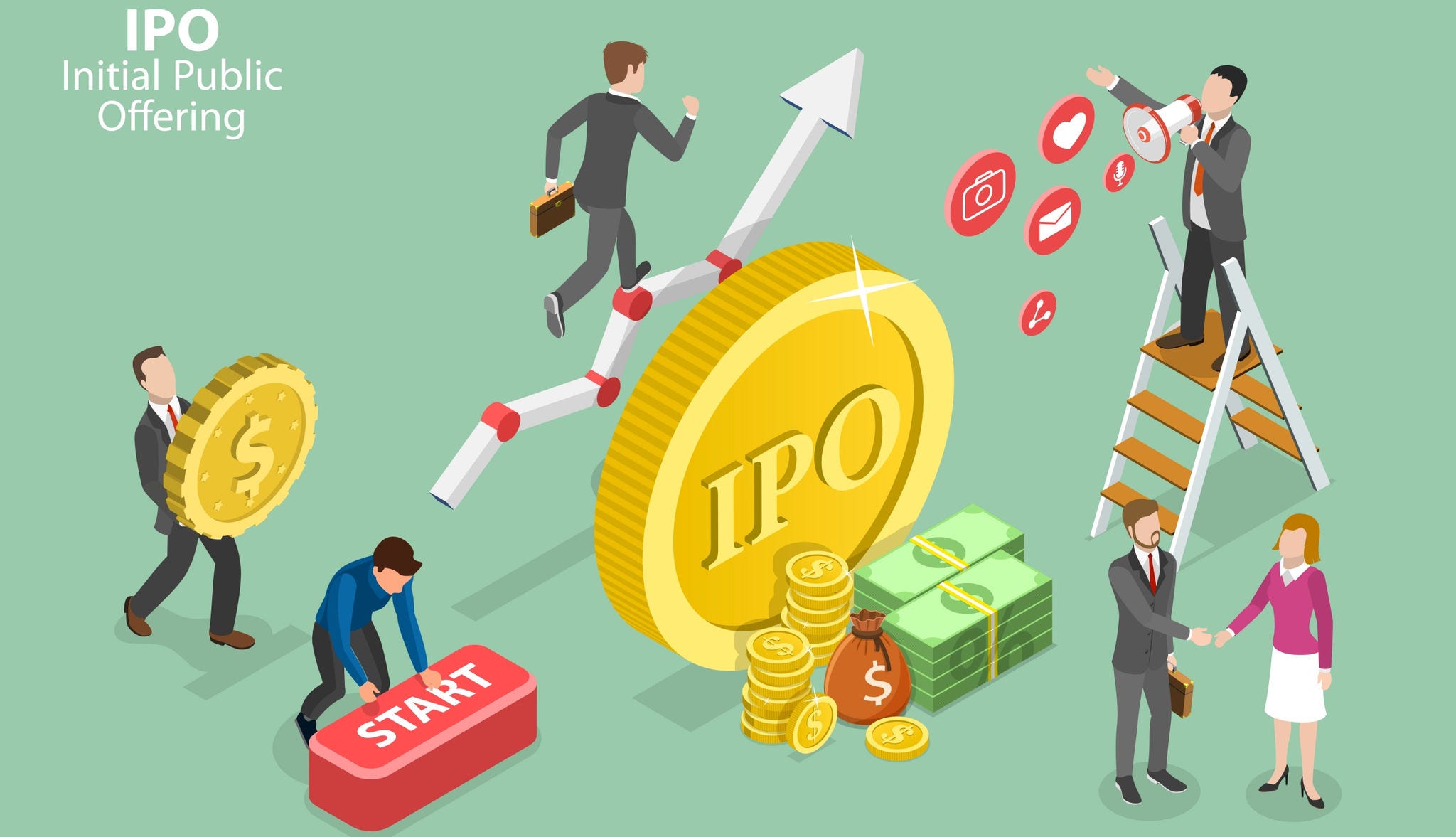 3D Isometric Flat  Conceptual Illustration of IPO- Initial Public Offering, Making Company Public in Stock Market