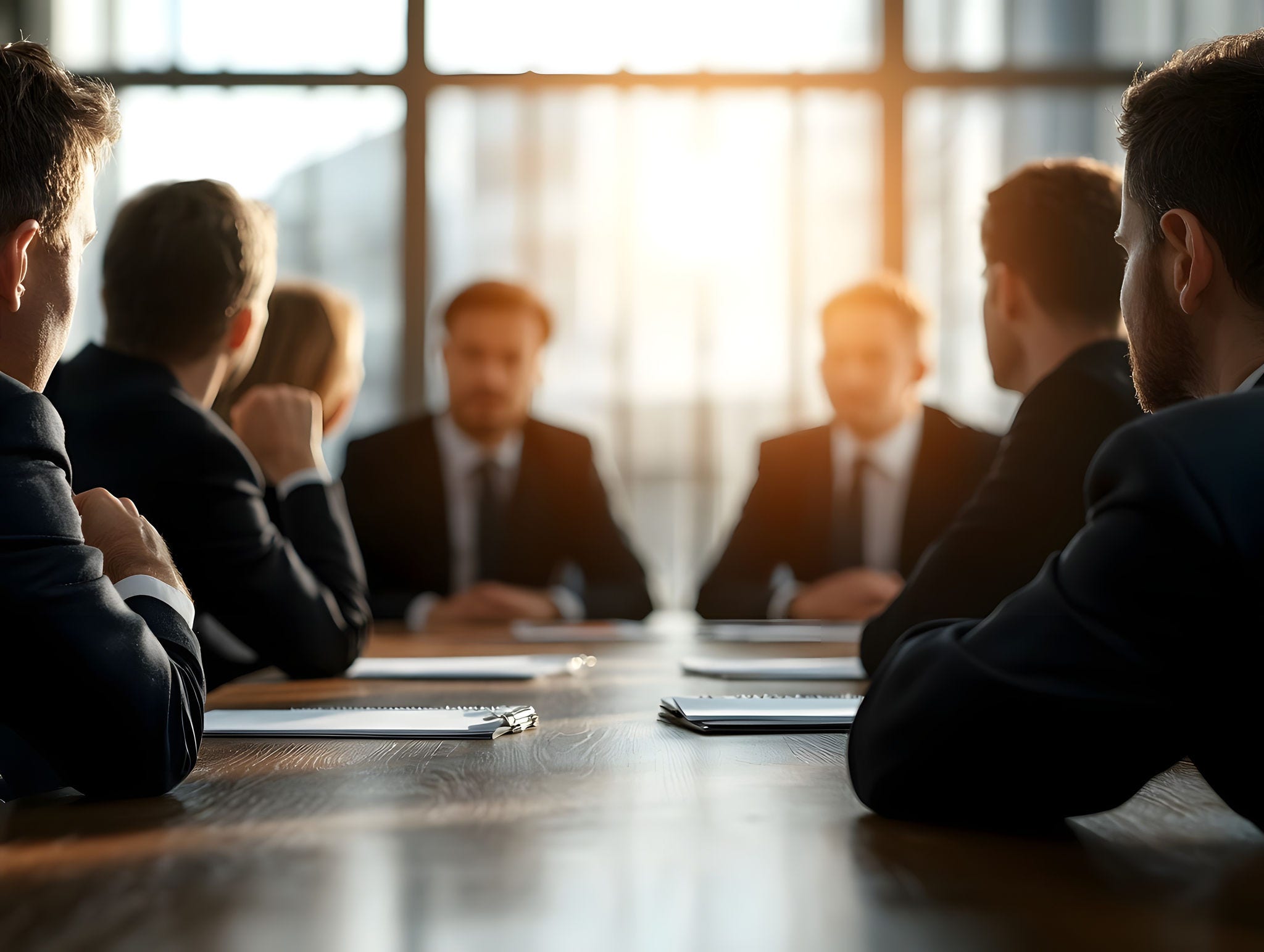 A group of business professionals in suits sitting around a conference table in a formal boardroom setting engaged in a serious discussion about corporate matters