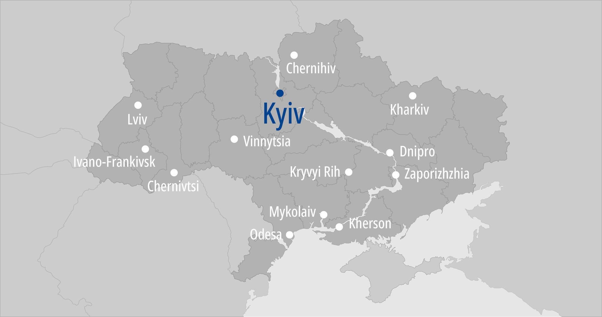 Political map of Ukraine in blue and yellow color on a white background. Vector image