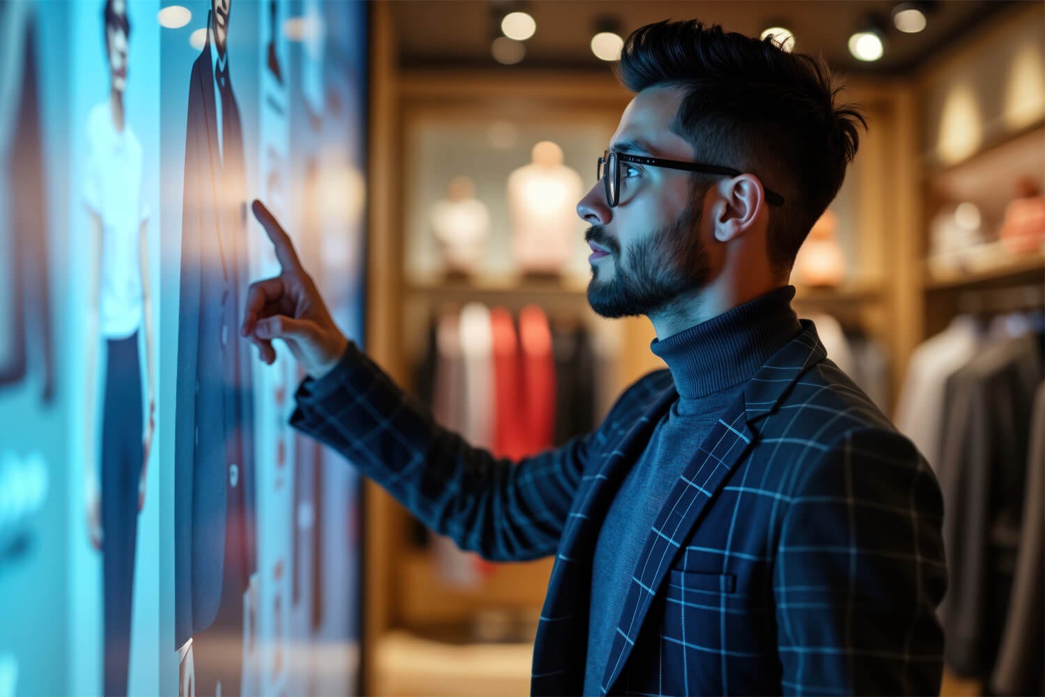A man looking at a screen in a retail shop
