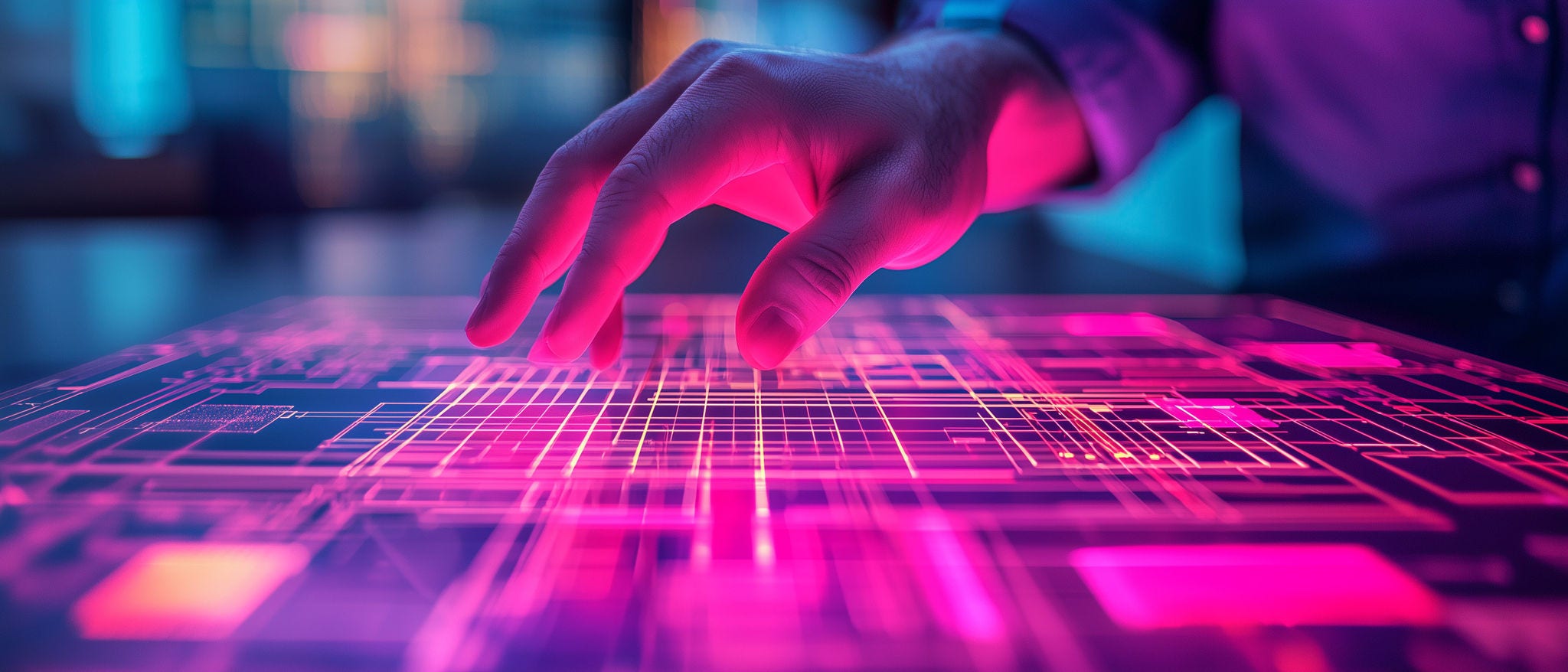 Hand interacting with futuristic holographic interface technology