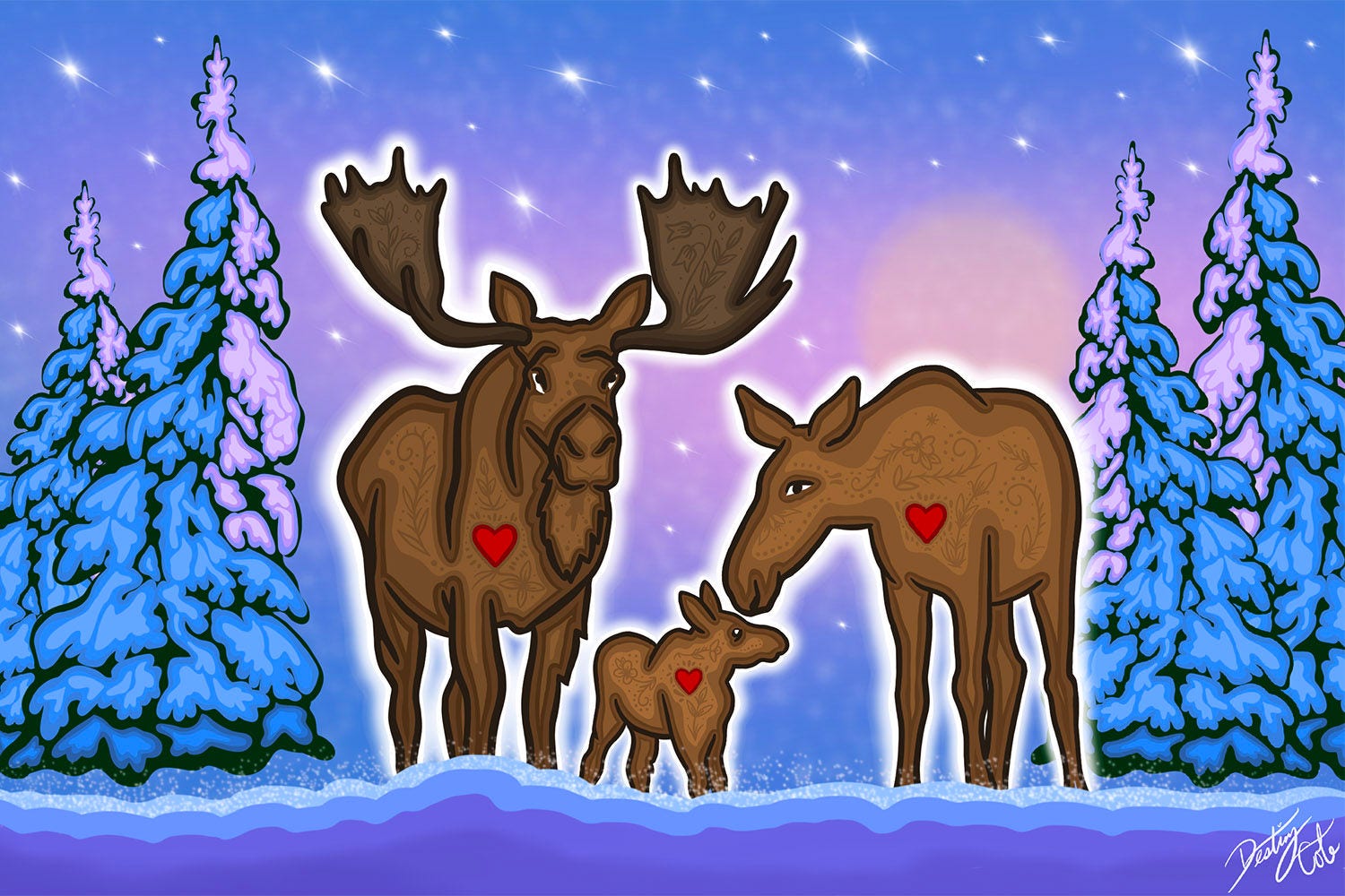 Indigenous artwork of moose with hearts