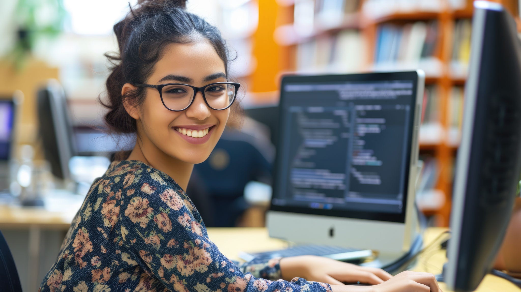 E-Learning and Digital Library - a smiling Indian woman sitting at a table and working on her Mac computer. She is surrounded by numerous books, indicating that she is in a library. The environment appears to be quiet and conducive for studying or working.